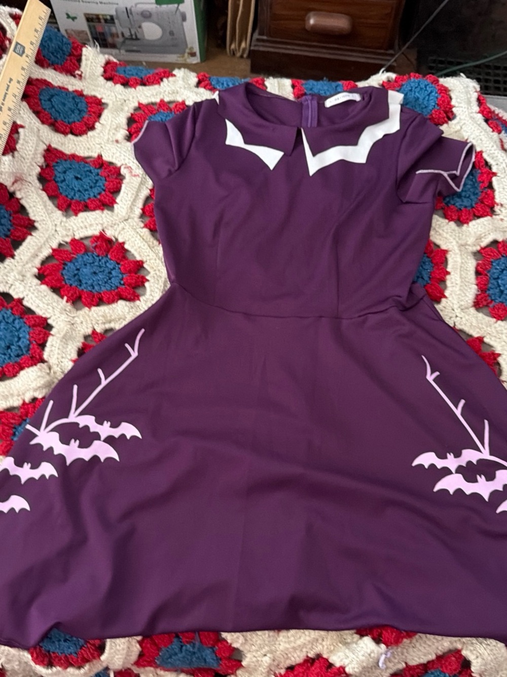Purple Bat-Accent Fit & Flare Midi Dress